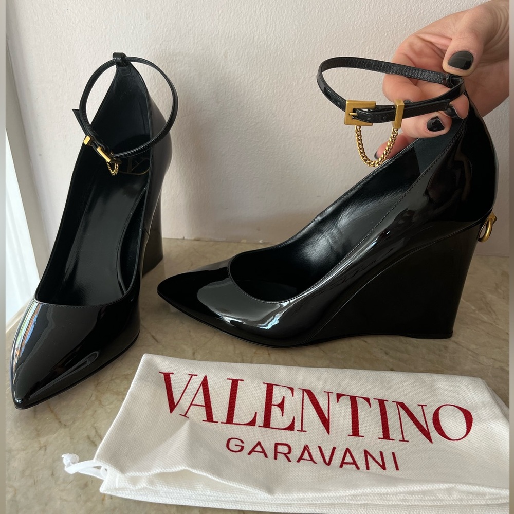 Valentino Black Patent Leather Ankle Strap Ring Stud Wedge Pump